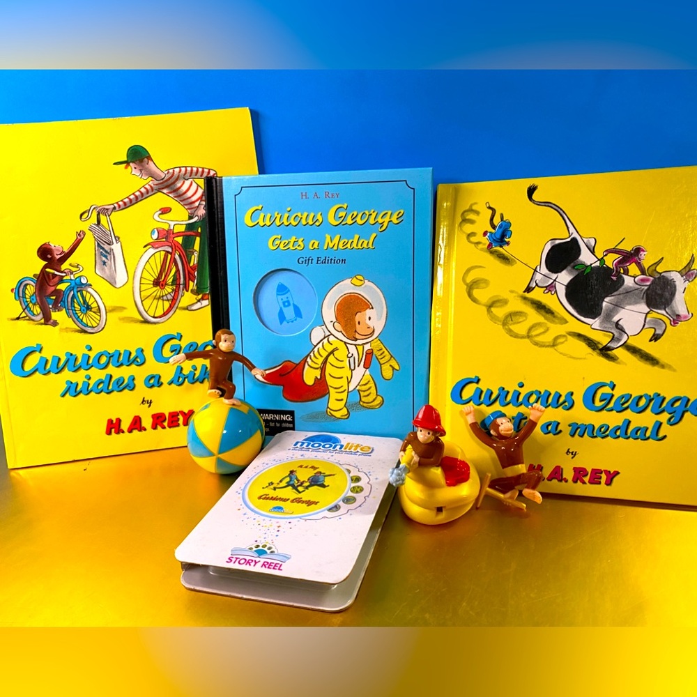 CURIOUS GEORGE BUNDLE 90’s ACTION FIGURES, 3 STORY BOOKS & MOONLITE STORY REEL